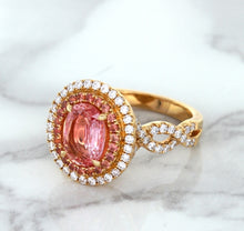 Load image into Gallery viewer, 2.07ct. Oval Padparadscha Ring with Sapphire and Diamond Halo in 18K Rose Gold
