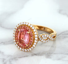 Load image into Gallery viewer, 2.07ct. Oval Padparadscha Ring with Sapphire and Diamond Halo in 18K Rose Gold