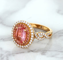 Load image into Gallery viewer, 2.07ct. Oval Padparadscha Ring with Sapphire and Diamond Halo in 18K Rose Gold