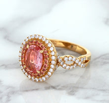 Load image into Gallery viewer, 2.07ct. Oval Padparadscha Ring with Sapphire and Diamond Halo in 18K Rose Gold