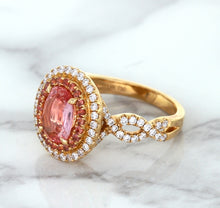 Load image into Gallery viewer, 2.07ct. Oval Padparadscha Ring with Sapphire and Diamond Halo in 18K Rose Gold