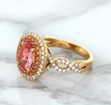 Load image into Gallery viewer, 2.07ct. Oval Padparadscha Ring with Sapphire and Diamond Halo in 18K Rose Gold
