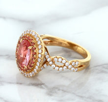 Load image into Gallery viewer, 2.07ct. Oval Padparadscha Ring with Sapphire and Diamond Halo in 18K Rose Gold