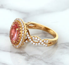 Load image into Gallery viewer, 2.07ct. Oval Padparadscha Ring with Sapphire and Diamond Halo in 18K Rose Gold