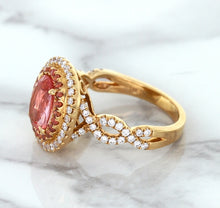 Load image into Gallery viewer, 2.07ct. Oval Padparadscha Ring with Sapphire and Diamond Halo in 18K Rose Gold
