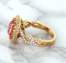 Load image into Gallery viewer, 2.07ct. Oval Padparadscha Ring with Sapphire and Diamond Halo in 18K Rose Gold