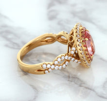Load image into Gallery viewer, 2.07ct. Oval Padparadscha Ring with Sapphire and Diamond Halo in 18K Rose Gold