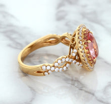 Load image into Gallery viewer, 2.07ct. Oval Padparadscha Ring with Sapphire and Diamond Halo in 18K Rose Gold