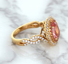 Load image into Gallery viewer, 2.07ct. Oval Padparadscha Ring with Sapphire and Diamond Halo in 18K Rose Gold