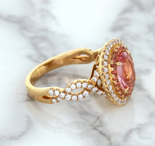 Load image into Gallery viewer, 2.07ct. Oval Padparadscha Ring with Sapphire and Diamond Halo in 18K Rose Gold