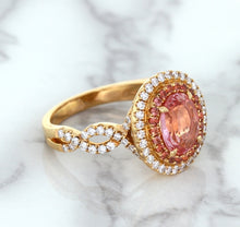 Load image into Gallery viewer, 2.07ct. Oval Padparadscha Ring with Sapphire and Diamond Halo in 18K Rose Gold