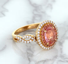 Load image into Gallery viewer, 2.07ct. Oval Padparadscha Ring with Sapphire and Diamond Halo in 18K Rose Gold