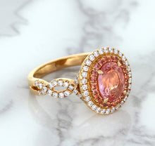 Load image into Gallery viewer, 2.07ct. Oval Padparadscha Ring with Sapphire and Diamond Halo in 18K Rose Gold