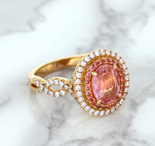Load image into Gallery viewer, 2.07ct. Oval Padparadscha Ring with Sapphire and Diamond Halo in 18K Rose Gold