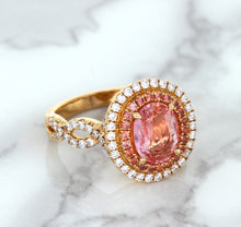Load image into Gallery viewer, 2.07ct. Oval Padparadscha Ring with Sapphire and Diamond Halo in 18K Rose Gold