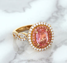 Load image into Gallery viewer, 2.07ct. Oval Padparadscha Ring with Sapphire and Diamond Halo in 18K Rose Gold