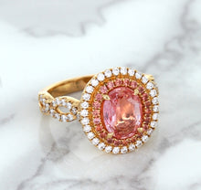 Load image into Gallery viewer, 2.07ct. Oval Padparadscha Ring with Sapphire and Diamond Halo in 18K Rose Gold