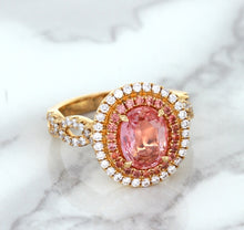 Load image into Gallery viewer, 2.07ct. Oval Padparadscha Ring with Sapphire and Diamond Halo in 18K Rose Gold