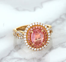 Load image into Gallery viewer, 2.07ct. Oval Padparadscha Ring with Sapphire and Diamond Halo in 18K Rose Gold