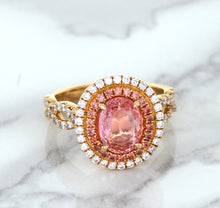 Load image into Gallery viewer, 2.07ct. Oval Padparadscha Ring with Sapphire and Diamond Halo in 18K Rose Gold