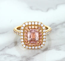 Load image into Gallery viewer, 1.75ct. Cushion Padparadscha Ring with Sapphire and Diamond Halo in 18K Rose Gold
