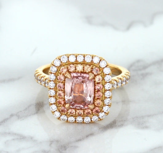 1.75ct. Cushion Padparadscha Ring with Sapphire and Diamond Halo in 18K Rose Gold