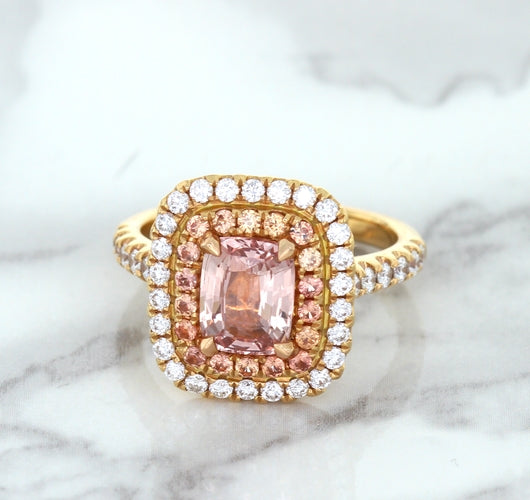 1.75ct. Cushion Padparadscha Ring with Sapphire and Diamond Halo in 18K Rose Gold