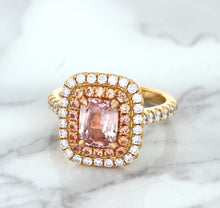 Load image into Gallery viewer, 1.75ct. Cushion Padparadscha Ring with Sapphire and Diamond Halo in 18K Rose Gold