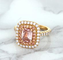Load image into Gallery viewer, 1.75ct. Cushion Padparadscha Ring with Sapphire and Diamond Halo in 18K Rose Gold