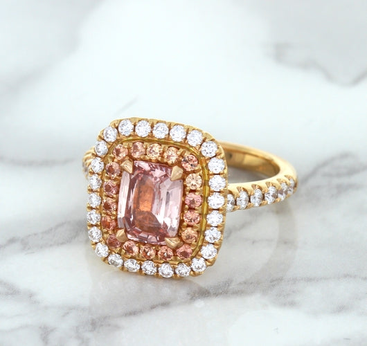 1.75ct. Cushion Padparadscha Ring with Sapphire and Diamond Halo in 18K Rose Gold