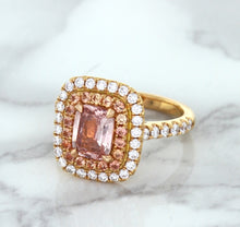 Load image into Gallery viewer, 1.75ct. Cushion Padparadscha Ring with Sapphire and Diamond Halo in 18K Rose Gold