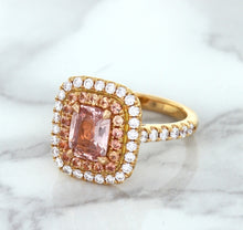 Load image into Gallery viewer, 1.75ct. Cushion Padparadscha Ring with Sapphire and Diamond Halo in 18K Rose Gold