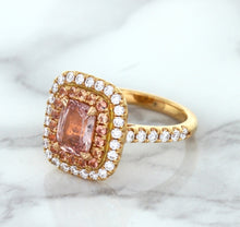 Load image into Gallery viewer, 1.75ct. Cushion Padparadscha Ring with Sapphire and Diamond Halo in 18K Rose Gold