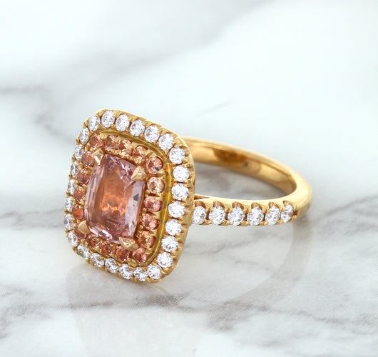 1.75ct. Cushion Padparadscha Ring with Sapphire and Diamond Halo in 18K Rose Gold