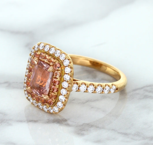 1.75ct. Cushion Padparadscha Ring with Sapphire and Diamond Halo in 18K Rose Gold