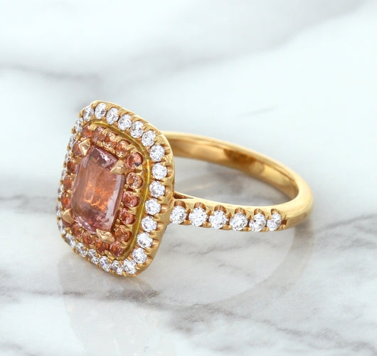 1.75ct. Cushion Padparadscha Ring with Sapphire and Diamond Halo in 18K Rose Gold
