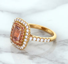 Load image into Gallery viewer, 1.75ct. Cushion Padparadscha Ring with Sapphire and Diamond Halo in 18K Rose Gold