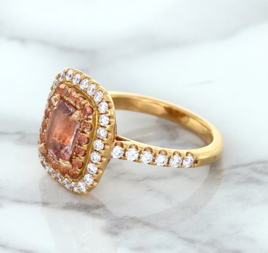1.75ct. Cushion Padparadscha Ring with Sapphire and Diamond Halo in 18K Rose Gold