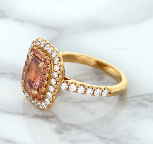 1.75ct. Cushion Padparadscha Ring with Sapphire and Diamond Halo in 18K Rose Gold
