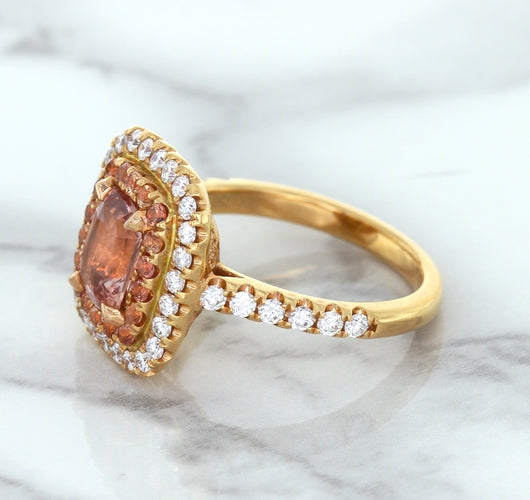 1.75ct. Cushion Padparadscha Ring with Sapphire and Diamond Halo in 18K Rose Gold