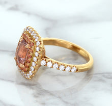 Load image into Gallery viewer, 1.75ct. Cushion Padparadscha Ring with Sapphire and Diamond Halo in 18K Rose Gold
