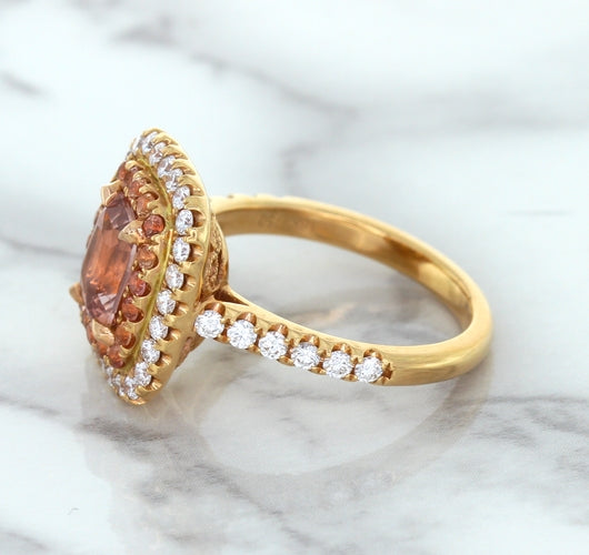 1.75ct. Cushion Padparadscha Ring with Sapphire and Diamond Halo in 18K Rose Gold