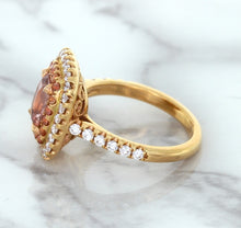 Load image into Gallery viewer, 1.75ct. Cushion Padparadscha Ring with Sapphire and Diamond Halo in 18K Rose Gold
