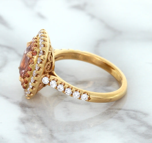1.75ct. Cushion Padparadscha Ring with Sapphire and Diamond Halo in 18K Rose Gold