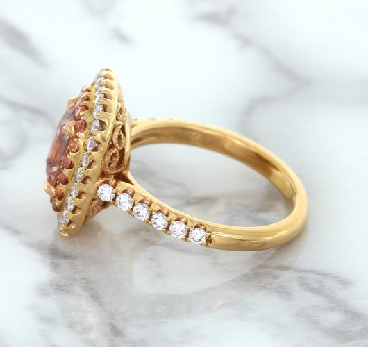 1.75ct. Cushion Padparadscha Ring with Sapphire and Diamond Halo in 18K Rose Gold