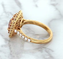 Load image into Gallery viewer, 1.75ct. Cushion Padparadscha Ring with Sapphire and Diamond Halo in 18K Rose Gold
