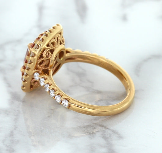 1.75ct. Cushion Padparadscha Ring with Sapphire and Diamond Halo in 18K Rose Gold