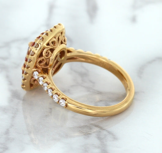 1.75ct. Cushion Padparadscha Ring with Sapphire and Diamond Halo in 18K Rose Gold