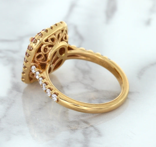 1.75ct. Cushion Padparadscha Ring with Sapphire and Diamond Halo in 18K Rose Gold