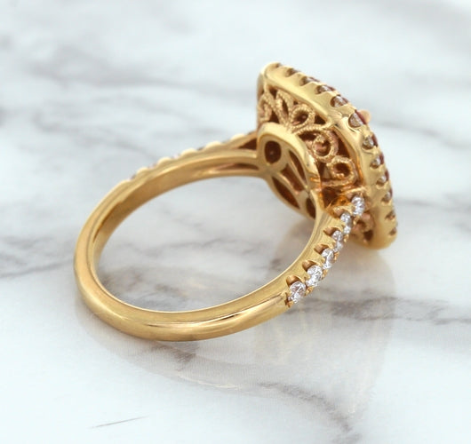 1.75ct. Cushion Padparadscha Ring with Sapphire and Diamond Halo in 18K Rose Gold